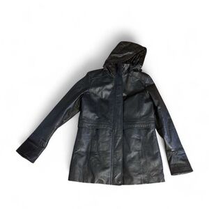 Excelled Collection Hooded Black Leather Mid Length Trench Jacket size Medium